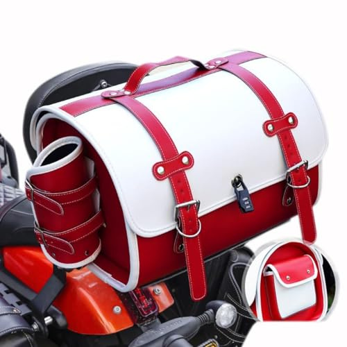DIALFA Motorrad Topcase für Kawasaki Vulcan S 650 VN650, Leder wasserdichte Retro Motorrad Pannier Satteltasche Reisetasche Große Kapazität Gepäckträgertaschen,C Red