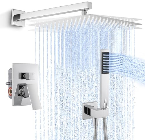 KES Sistema de ducha empotrado de 12 pulgadas, conjuntos de grifería de ducha de 3 modos, cabezal de ducha tipo lluvia con rociador de mano para baño, incluye cuerpo de válvula de instalación en bruto