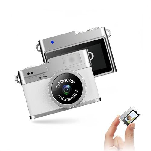 Mini cámara retro llavero 8 MP cámara digital estabilización de imagen 0.96 HD LCD, USB, 32 GB gratis, regalo (retro, blanco)