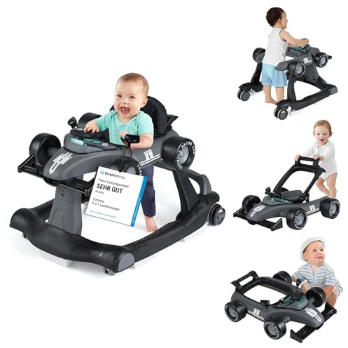 COSTWAY 4 in 1 Lauflernhilfe Autoförmig mit Musik & Licht, Dunkelgrau | Lauflernwagen klappbar mit verstellbarer Höhe & Geschwindigkeit, Baby Walker mit Rädern, Gehfrei Baby ab 6 Monaten