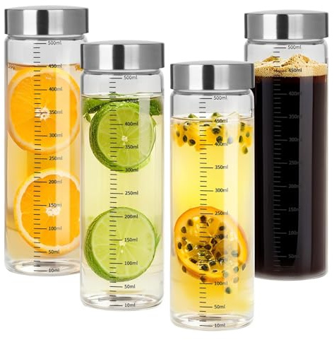 Suetou Juego de 4 botellas de cristal de 500 ml con tapa de acero inoxidable, juego de vasos para batidos con escala de medición, para zumos, batidos, leche, botellas de zumo de cristal, reutilizables