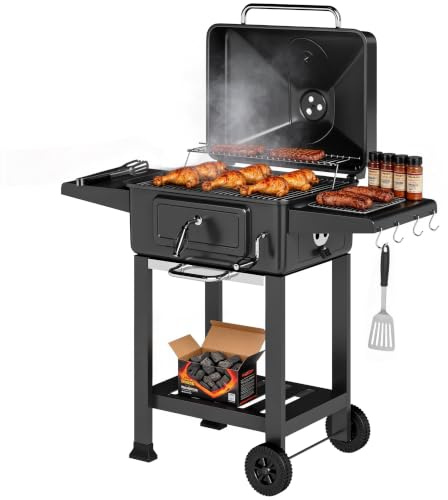 Outsunny Barbecue Charbon de Bois XXL 112cm, Couvercle Fumoir à 600°C, Noir | Thermomètre, Chariot Grill de Jardin, Bac à Charbon, Évents Ajustables, Porte de Ravitaillement