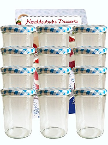 hocz 12er Set Sturzgläser 435 ml incl. Deckel Deckelfarbe Blau Karriert To 82 (12 Etiketten NZ) zum Beschriften Haushaltsetiketten Marmeladenglas Einmachglas Sweet Family
