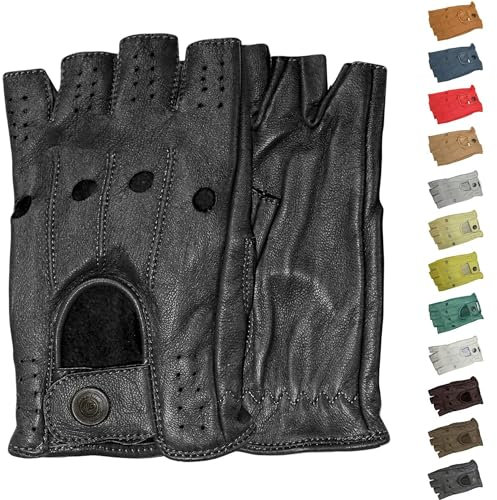 German Wear Driving Halbfinger Fingerlose Autofahrer-Handschuhe Lederhandschuhe, 7=S, Schwarz