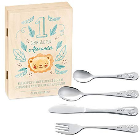 Maverton Kinderbesteck Set mit Gravur + Holzbox mit Aufdruck - aus Edelstahl - mit Tieraufdruck - 4-teilig - Weihnachtsgeschenke - personalisierbar - Braun - Geschenk Geburtstag, Taufe, Geburt - Löwe
