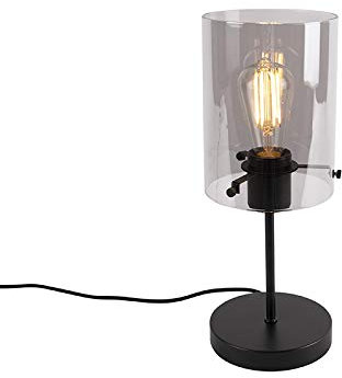 Qazqa - Design Tischlampe schwarz mit Rauchglas auf Standard - Kuppel I Wohnzimmer I Schlafzimmer - Zylinder - LED geeignet E27