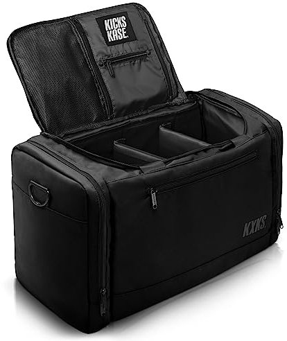KXKS. (Kicks Kase) Premium Sneaker-Tasche & Reisetasche – 3 verstellbare Fächereinteiler – für Schuhe, Kleidung und Fitnessstudio, 3 x Schwarz, Reisetasche mit verstellbaren Innenfächern