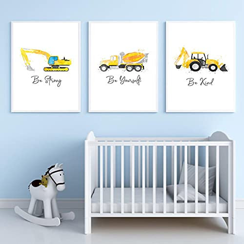 XIANGPEIFBH Baby Boy Room Decor im Kinderzimmer Truck Car Be Kind Wandkunst Leinwand Malerei Bagger Drucken Bilder für Kinderzimmer 40x50cmx3pcs Ungerahmt