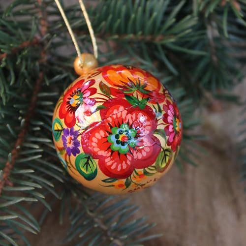 Kleine Сhristbaumkugel Holz Handbemalt Handgemacht 5,5 cm, Lässt Sich Öffnen Wie Eine Schatulle, mit Ukrainischer Petrykiwka-Malerei - Schöner Christbaumschmuck