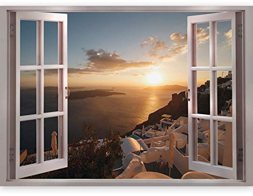 murando 3D Wall Illusion 140x100 cm Wallpaper Mural Photo Print Window View | Optical illusion design Wall mural Art print Wall decoration Poster Santorini Architecture Sunset Clouds