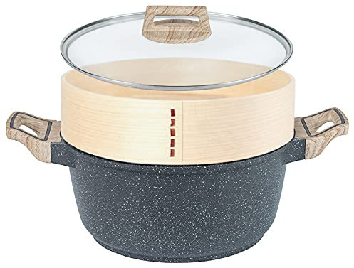 LTLWSH Dampfgarer, Küche Holz Dampfer Korb, 25cm Dampfgar- und Suppentopf-Set Für Asiatische Kochen Brötchen Knödel Gemüse Fisch Reis,White Pine