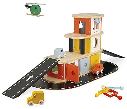 Janod - Garaje de Madera Bolid - Incluye 3 Coches y 1 Helicóptero - Caja de llaves - Imaginación y Motricidad - Certificado FSC - Pintura al Agua - A partir de 2 Años, J04636