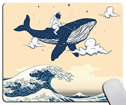 Tapis de souris vague de l'océan, astronautes chevauchant des baleines dans la vague de l'océan Tapis de souris pour ordinateurs de bureau et ordinateurs portables avec motifs imprimés, base en