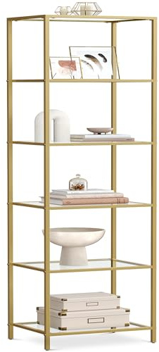 VASAGLE Bookcase, 6-Tier Bookshelf, Slim Shelving Unit for Bedroom, Bathroom, Home Office, Tempered Glass, Steel Frame, Metallic Gold ULGT500A01
