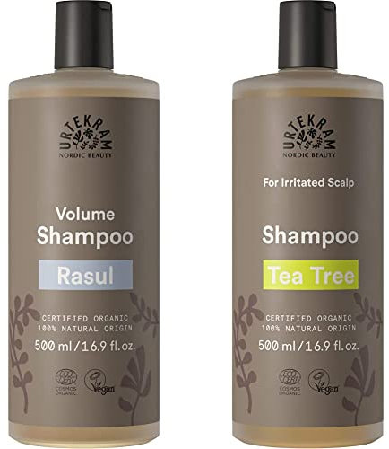 Urtekram Champú de Rasul BIO, Volumen, 500 ml + Champú de Arbol de Té para Cuero Cabelludo Irritado - 500 ml