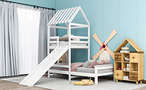 Rutschbett mit mit rechtwinkliger Leiter, Hausbett mit Dach, Kinderbett, Spielturmbett mit Fallschutz und Gitter, Rahmen aus massiver Kiefer, weiß (200x90cm & 100x90cm)