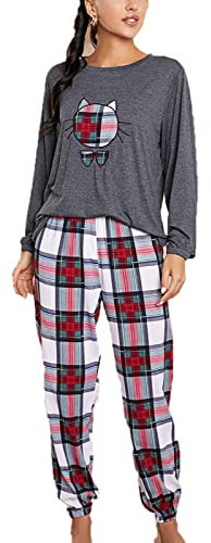 CRITOR Frauen -Plaid -Pyjama -Set, überprüfte Langarm -Nachtwäscheanzug, Tartan Joggers Loung Sets