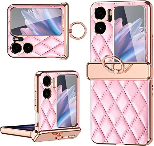Unichthy Case for OPPO Find N2 Flip for Women with Metal Ring Holder,Hinge Protection Shockproof Protective Cover Shiny Plated Frame Phone Case Cover for OPPO Find N2 Flip 5G 2023 Pink