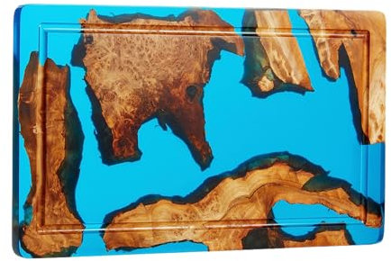 Tavola da portata, salumi, legno di radica e tagliere reversibile a resina epossidica blu con scanalatura per succhi di frutta, per carne, formaggio, pane, verdura e frutta, 40,4 x 22,9 cm