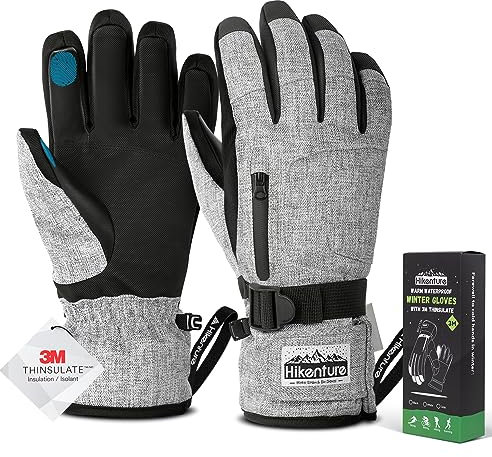 HIKENTURE Winterhandschuhe Herren Damen, 3M Thinsulate Skihandschuhe, Wasserdichte Handschuhe Winter Warm, Winddichte Touchscreen Snowboardhandschuhe für Skifahren, Radfahren, Motorrad, Laufen Grey-XL