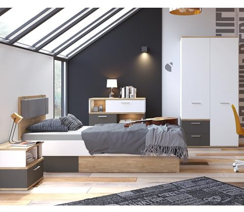 Lomadox Jugendzimmer Komplett Set mit Bett 90x200cm, 2-TRG. Kleiderschrank, hellgraues Kopfteilpolster in Eiche Nb. mit weiß und grau