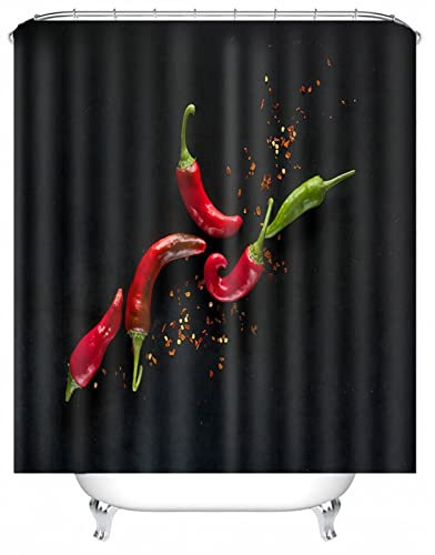Skcess Duschvorhang 180x180, Polyester Duschvorhang Schwarz Duschvorhang Wasserdicht Rote und Grüne Paprika Duschvorhang Antischimmel