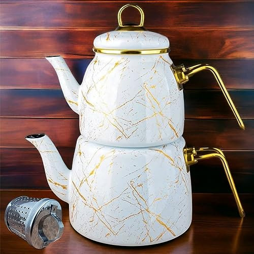 Vintage Türkische Teekanne Teekanne Wasserkocher Set für Herd Herd Top Dekoratives Teesieb Party Tassen Gläser Floral Einzigartiger Boiler Samowar Sieb Loseblatt Küche Stil Emaille Dekor (Weiß-Gold)