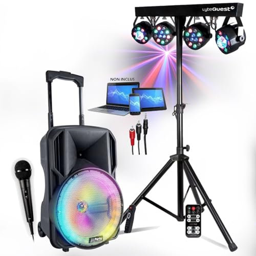 Enceinte Sono DJ Party 400W avec USB, Micro SD, Bluetooth, Radio FM, Micro Portique Lumière, soirées Anniversaires Fêtes