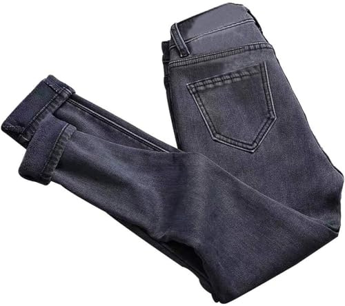 Vagbalena Damen Winter Jeans mit Plüschfutter Winter Straight Jeans hohe Taille gepolsterte elastische Röhrenhose hohe Taille warme Jeans Übergröße Röhrenjeans
