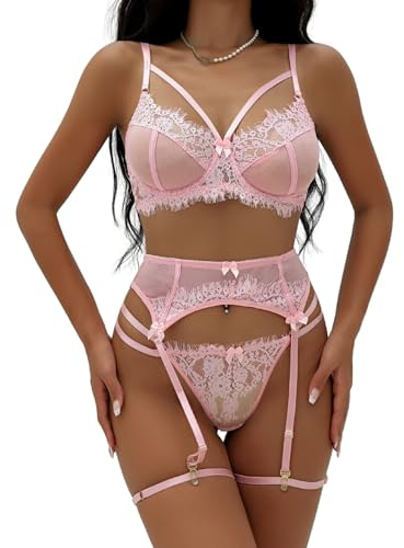 EVELIFE Set Intimo da Donna con Reggicalze 4 Pezzi Sexy Pizzo Intimo con Giarrettiere Coscia a Vita Alta Senza Fondo