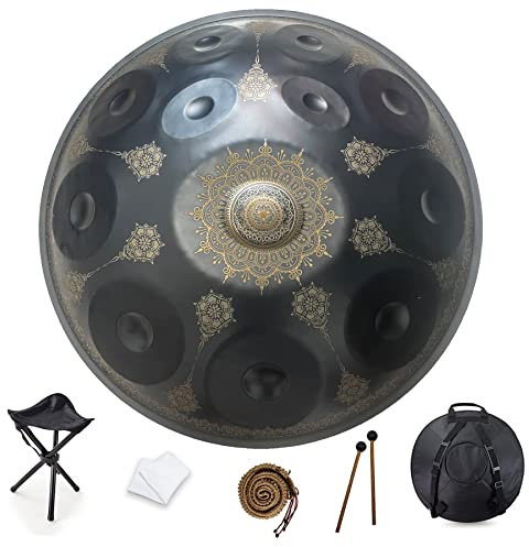 12 Noten 22 Zoll Handpan, D-Moll 440 Hz Stahltrommel-Schlaginstrument, Mandala-Musikdarbietung, handgefertigtes Heilungsmusikinstrument, Geschenk, Schwarz (schwarzes Mandala 10 Töne) (schwarzes M