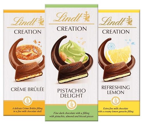 Assorted Creation Chocolate Bars Bundle - Pack 3 x 150g Pistachio Delight, Delicate Creme Brulee & Milk Chocolate Refreshing Lemon. Chocolate Gift for Chocolate Hamper, Easter Gifts with Topline Card