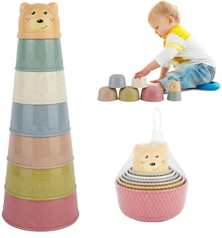 HOCUCHELAND 7 Stück Stapelbecher, Stapelturm Baby mit Bärenkopf Niedlich, Stapelspielzeug Baby mit Kunststoff, Stacking Cups Puzzleorientiert für 6+ Monate Jungen und Mädchen