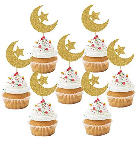 Eid Mubarak Cupcake Topper Sticks Glitter Eid Cake Decorations Muslim Party Supplies Moon Star