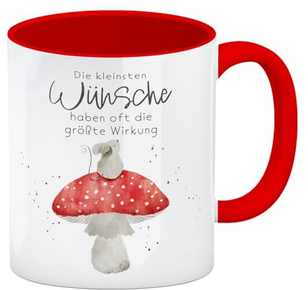 speecheese Maus auf Fliegenpilz Kaffeebecher in rot mit Spruch Kleinste Wünsche größte Wirkung Wünsche erfüllen Gezeichneter Pilz zum Träumen Geburtstag mit Punkten