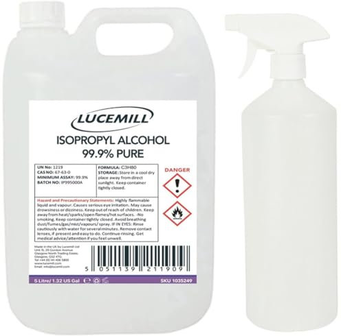 Lucemill 99.9% Isopropyl Alcohol | 5 litre | Super Strength IPA Surface Sanitiser | 99.9% Isopropyl Alcohol | Clear Liquid | Comes with Empty Spray Bottle