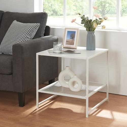 [en.casa] Beistelltisch Ruokolahti Wohnzimmertisch mit Gitterablage quadratisch Couchtisch Ablagetisch Weiß matt Nachttisch Metall Sofatisch 51 x 51 x 51 cm