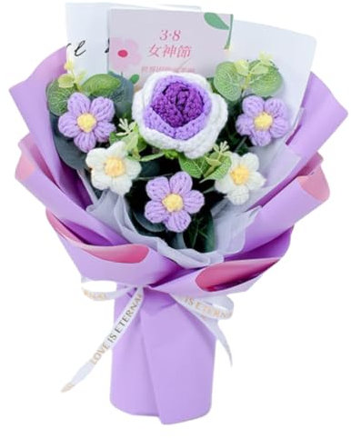 Milageto Bouquet di fiori all'uncinetto completato, decorazioni per la casa fai da te, lavorati a maglia, tavolo elegante bouquet, centrotavola, viola