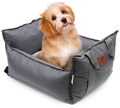 2-in-1 Hundeautositz mit Sicherheitsgurt, Autositz und Bett für Hunde, Abnehmbarer Kissen und Bezug, Waschbarer Hund Auto für kleine bis mittelgroße Hunde,Grau & Blau