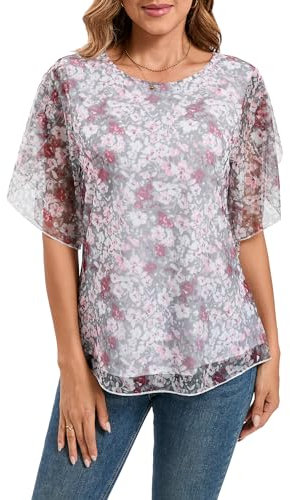 Timuspo Plissee Tunika Halbärmel Bluse Große Größen Damen Sommer Elegant Lässig Rundkragen Lose Top Blumen Schwarz XL