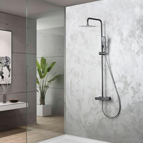IMEX - Columna Ducha Termostatica con Grifo | Conjunto de Ducha con Alcachofa y Rociador Antical Efecto Lluvia | Griferia en Latón y Acero Inox S.304 con Barra Extensible | Serie Art | Color Black Gun