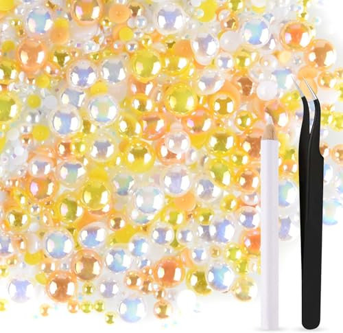 50g Mix Halbperlen und Glitzersteine für Kunsthandwerk, 3mm-10mm FlatBack Perlen und Strasssteine für Gesicht Nagel DIY Becher Becher Kunst Schuhe Kleidung(Gelb Weiß Serie)