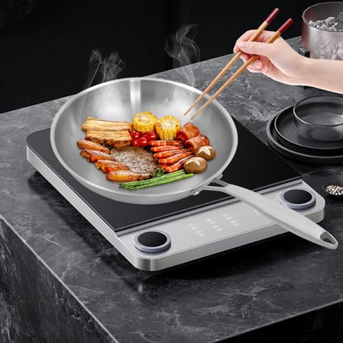 Aohuada Sartén de 32 cm, sartén de acero inoxidable, sartén con tapa de vidrio templado para familias, restaurantes, hoteles, tiendas de comida rápida, número de personas 3-5, plata