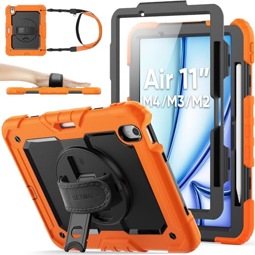 SEYMAC stock Funda para iPad Air 11'' (M4/M3/M2) 2026/2025/2024, Naranja | Funda Resistente con Protector de Pantalla [Soporte/Correa de Mano Giratorio de 360°] Portalápices y Correa de Hombro