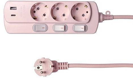 NEUVIELE Multiprise avec adaptateur USB C, 3 prises avec commande d'interrupteur, prise multiple rose