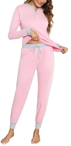 Aseniza Pyjama Femme Hiver Coton Ensembles de Pyjama Femmes Chauds Manches Longues Vêtements de Nuit Couleurs Contrastées Ensemble Pyjamas Tenue de Nuit Vêtements de Détente Loungewear Rose Clair L