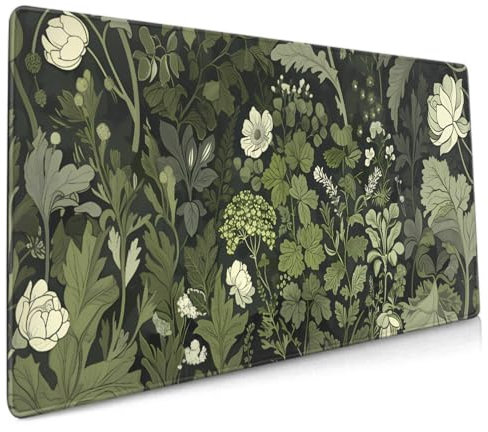 Tapis de souris vert sauge à motif floral XXL 90 x 40 cm Motif botanique Grand tapis de souris de jeu avec base en caoutchouc antidérapant Bords cousus pour la maison et le bureau