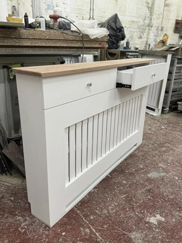 White Bespoke radiator cover with drawers & solid oak top (X-Large)