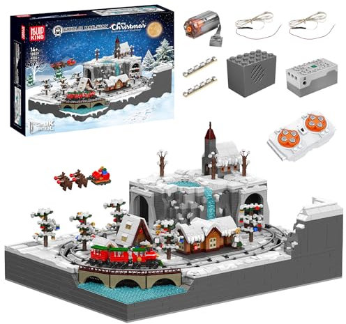 Mould King 12029 Ferngesteuertes Weihnachtszug-Park-Bausteinset Großes Winterstraßen-Szenen-Schloss mit Musik, Beleuchtung und elektrischem Zug auf Schienen.Weihnachtsdorf mit fahrendem Zug