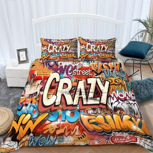 Biber Bettwäsche Farbe 135 x 200 cm Graffiti-Kunst Street-Hip-Hop-Stil Bettbezug, 3teilig Flauschige Flanell Bettwäsche Set mit Kissenbezug 80x80 cm - Atmungsaktiv, Warm & Hautfreundlich Deckenbezug